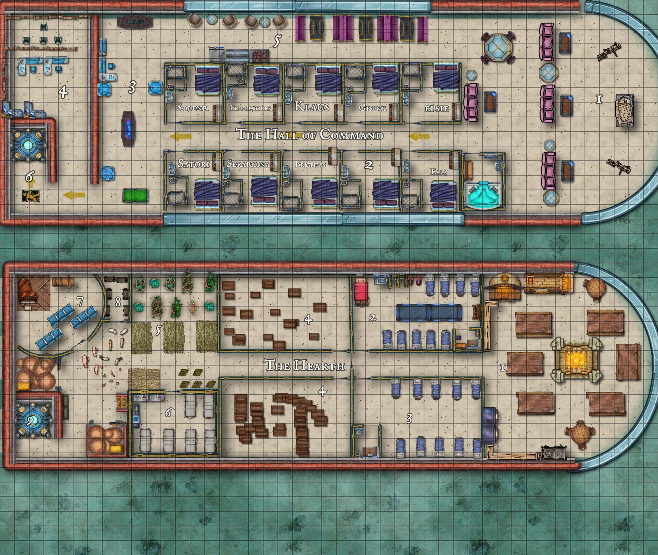 Deck 2 (Hall of Command) and Deck 3 (The Hearth)